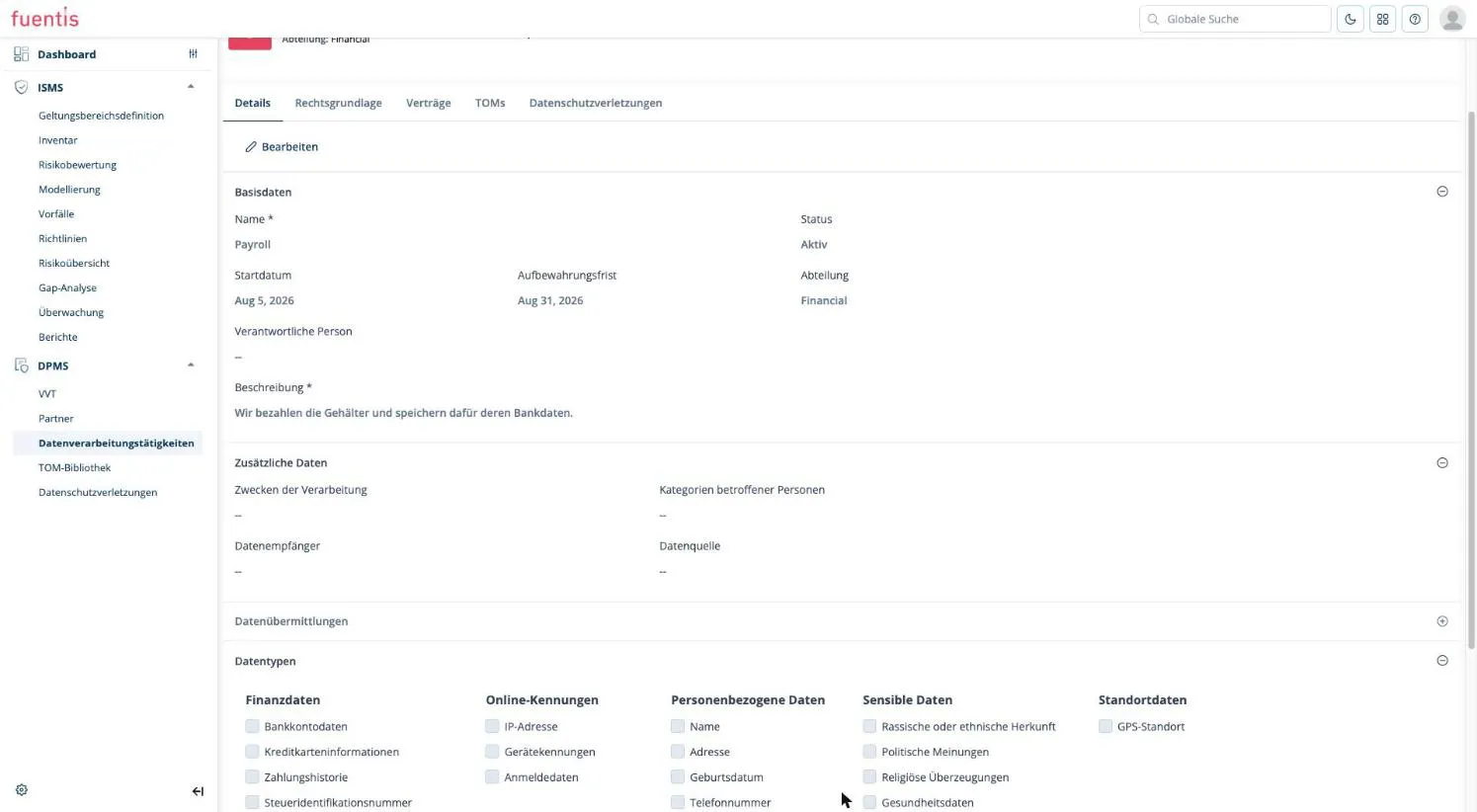 Datentypen einer Verarbeitungstätigkeit